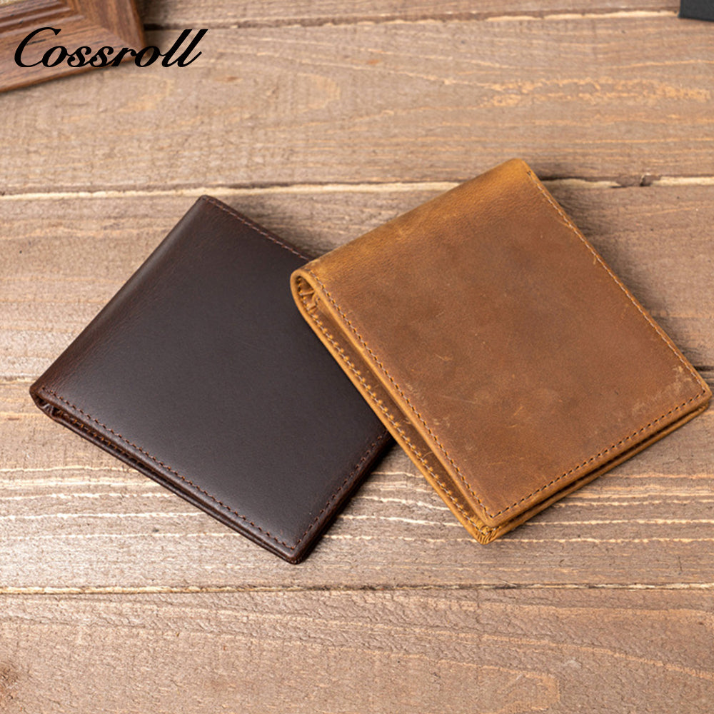 Top-grain crazy horse leather short wallet, vintage men's casual cowhide card and cash holder