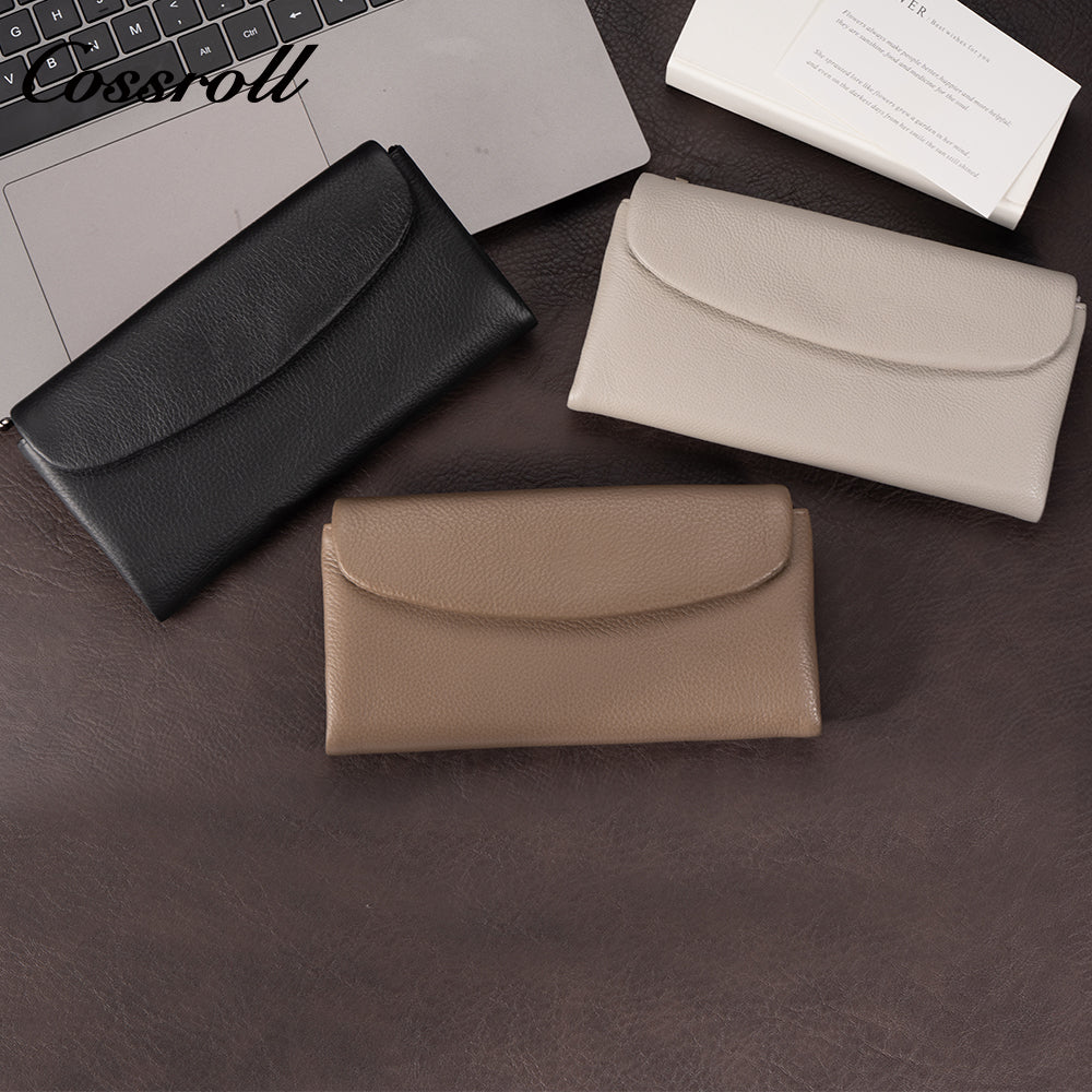 Factory custom genuine leather wallet Women's tri-fold top grain cowhide wallet Large capacity