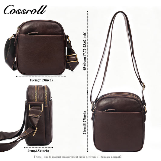 Men's Full Grain Leather Crossbody Bag, Multi-compartment Zipper Genuine Leather Shoulder Bag, Casual Everyday Carry Sling Bag