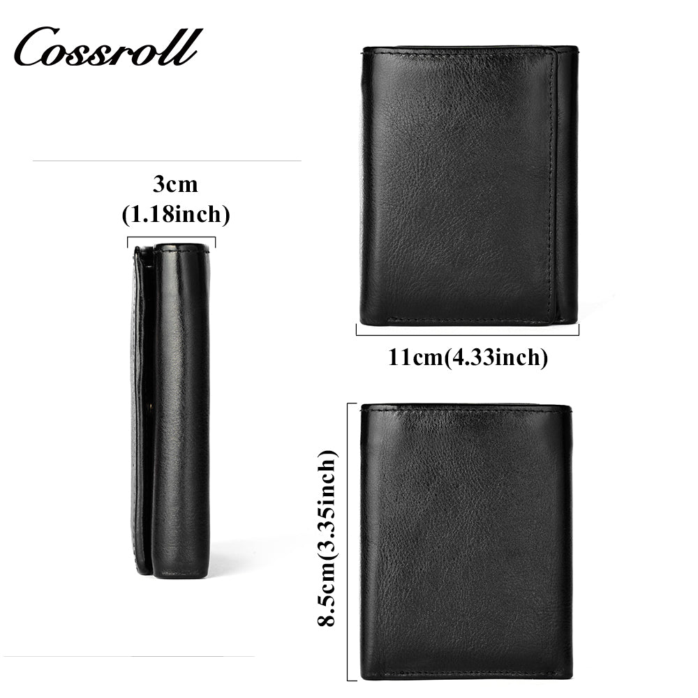 Genuine Leather Wallet Men's Head Layer Cowhide Black Trifold Wallet with Coin Position