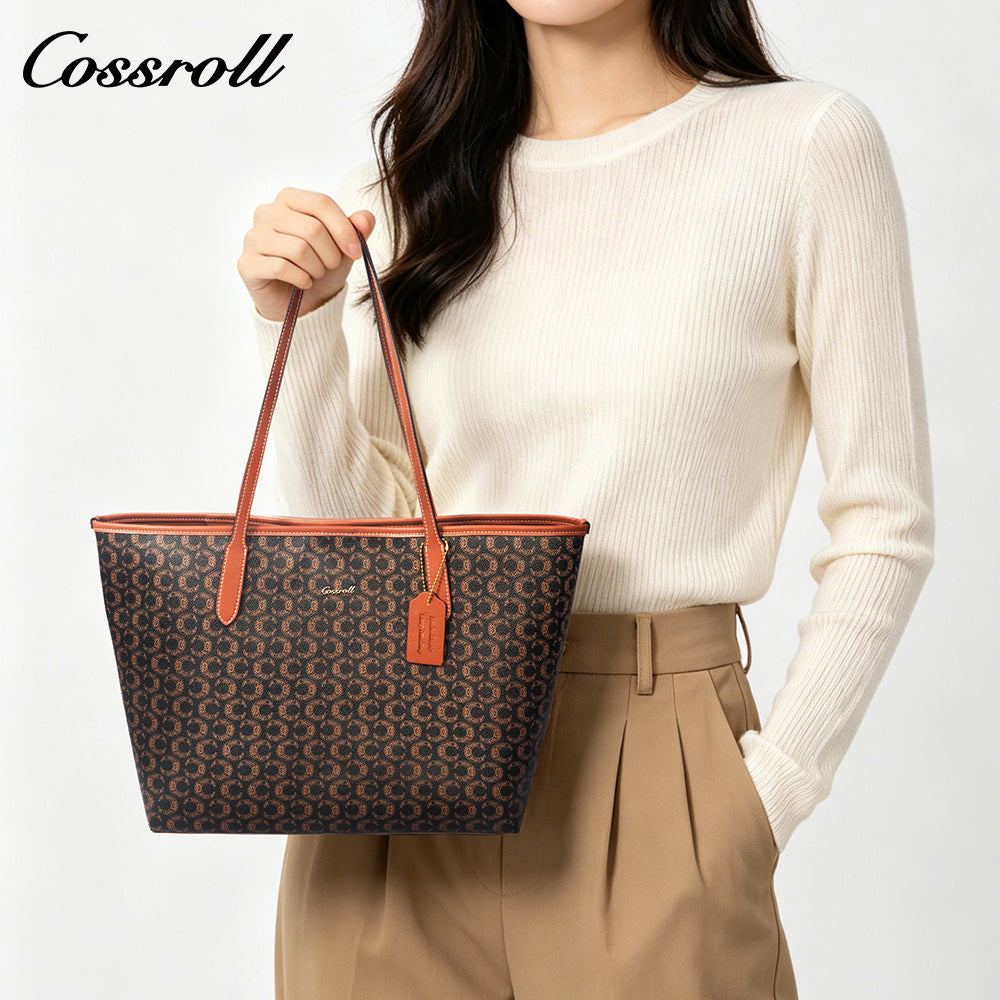 Women Vintage C Monogram Genuine Leather Tote Bag, Large Capacity Commuter Shoulder Handbag