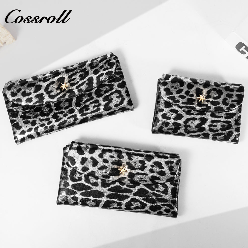 Pure cowhide long hand purse to put mobile phone Omnimatch 2024 new fashion leopard leather multi-card bill clip