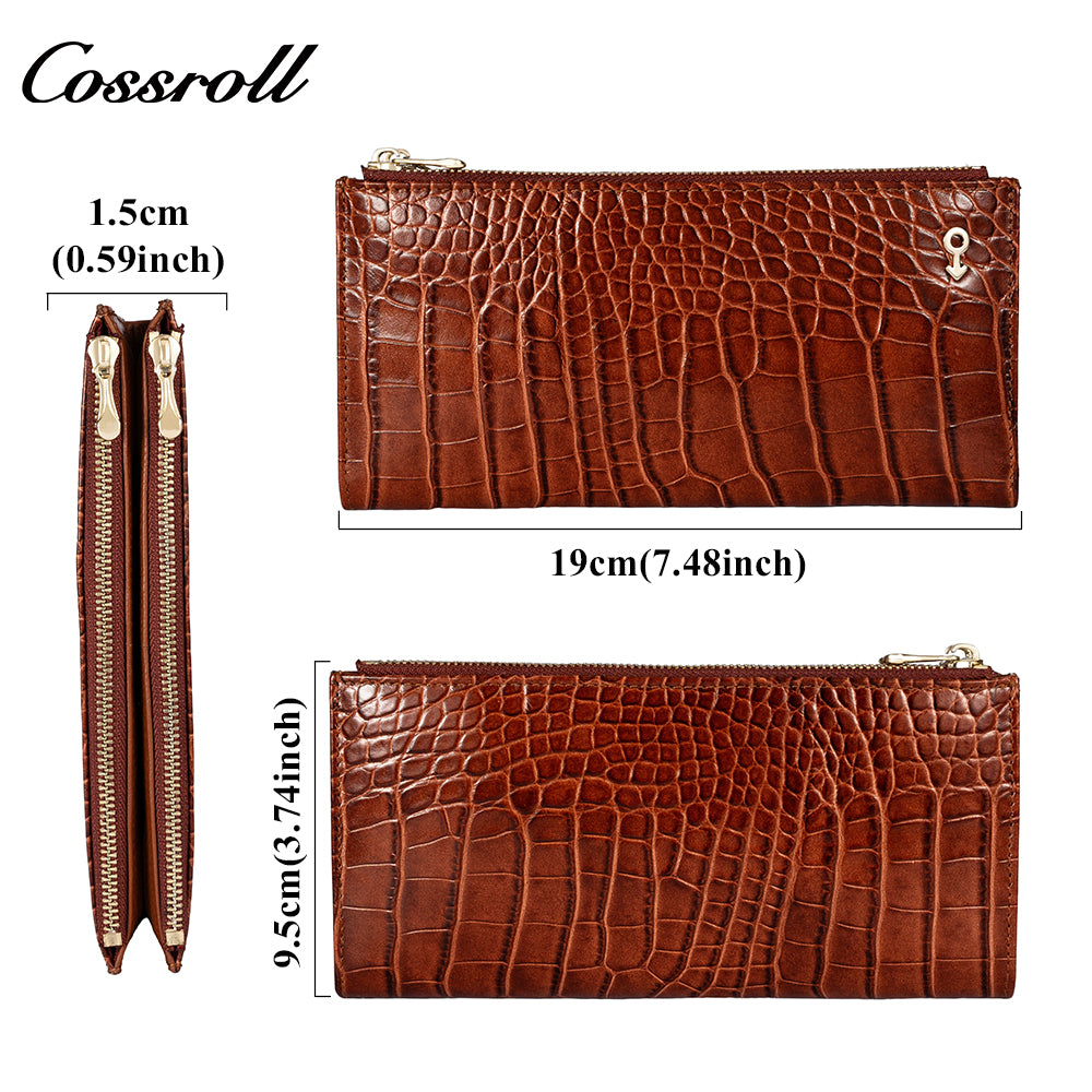 Customized Genuine Leather Double Zipper Coin Purse Ladies Casual Multi Card Position Long Money wallet