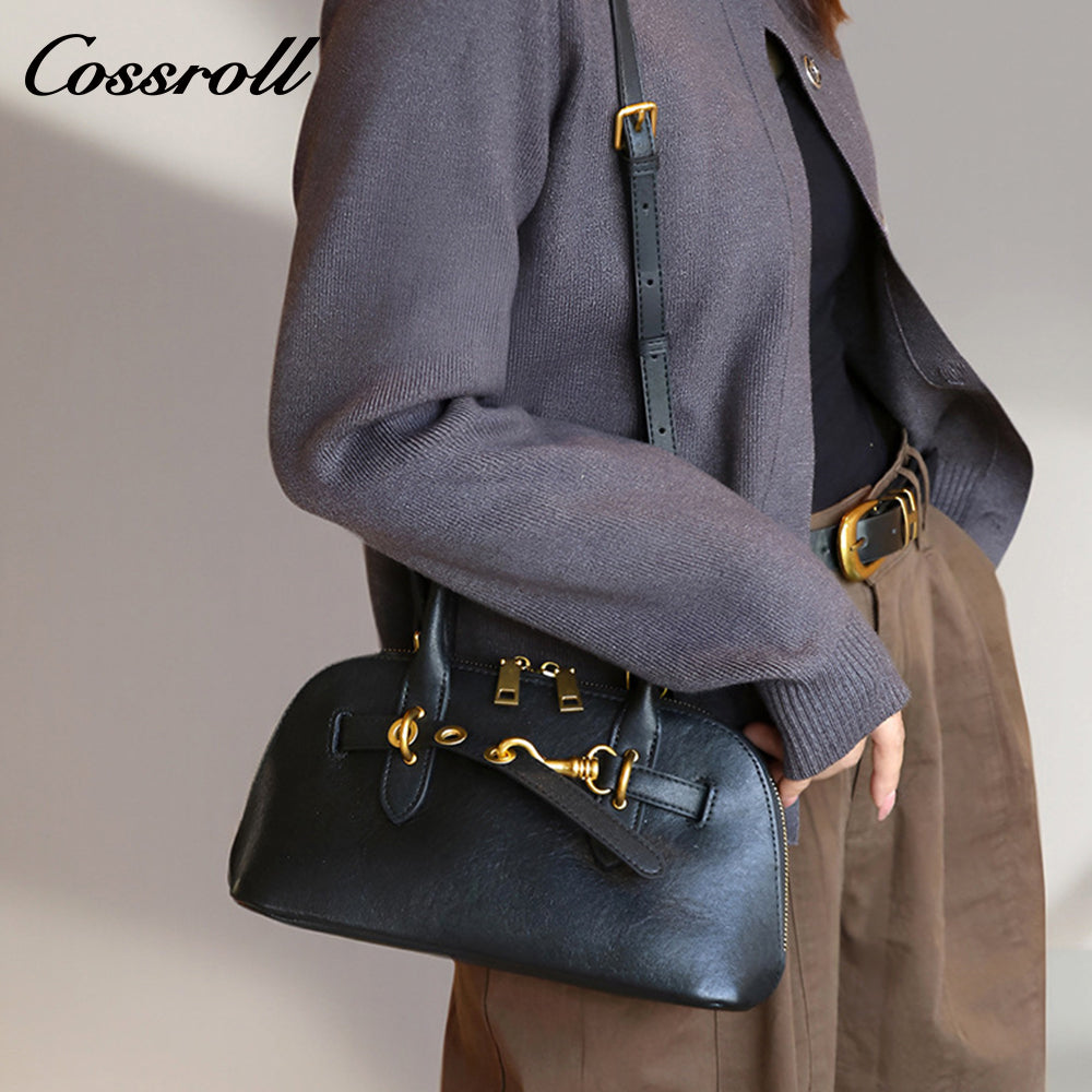 Genuine Women's Bag Head Layer Cowhide Shell Bag Retro Handbag Bowling Tote Tote Underarm Bag Shoulder Crossbody