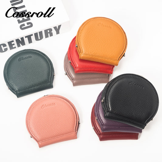 Mini Coin Purse Circle Shape Cowhide Leather Wallet