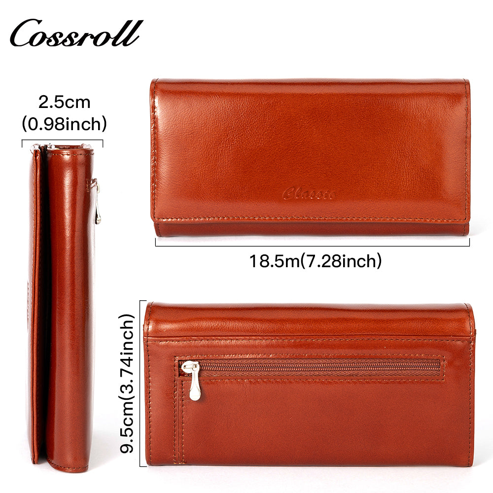 New leather women's long purse zipper wallet Large capacity waxed cowhide coin purse card wallet factory custom