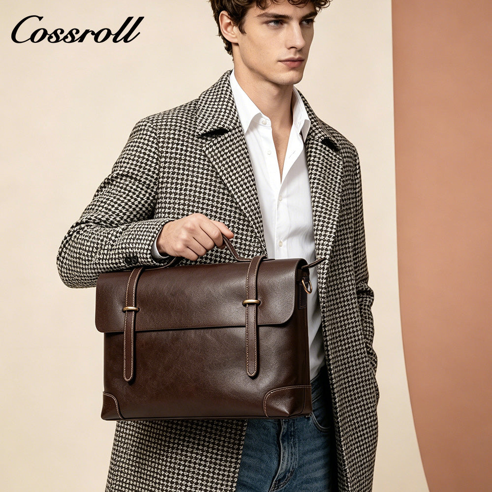 Men's Cowhide Leather Messenger Briefcase, Flap Laptop Handbag, Large Capacity Genuine Leather Shoulder & Crossbody Bag for Business & Daily Commute