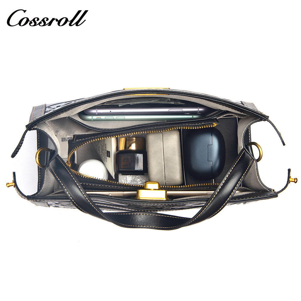 Niche Design Embossed Leather Bag, Vintage Genuine Leather Large Capacity Commuter Handbag & Crossbody Bag
