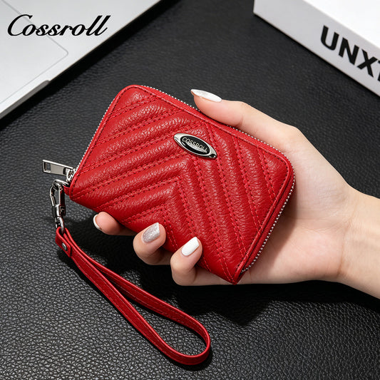Women's Litchi Grain Cowhide Coin & Card Wallet, Chevron Quilted Wrist Clutch, Multi-functional Card & Coin Storage Pouch
