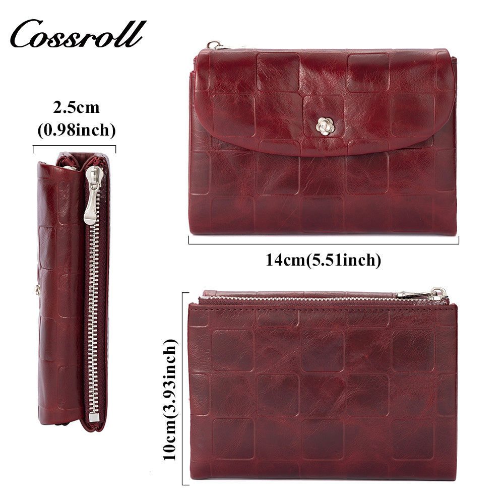 Genuine Leather Women's Wallet, Short Waxed Leather, Multiple Card Slots, ID and Coin Purse