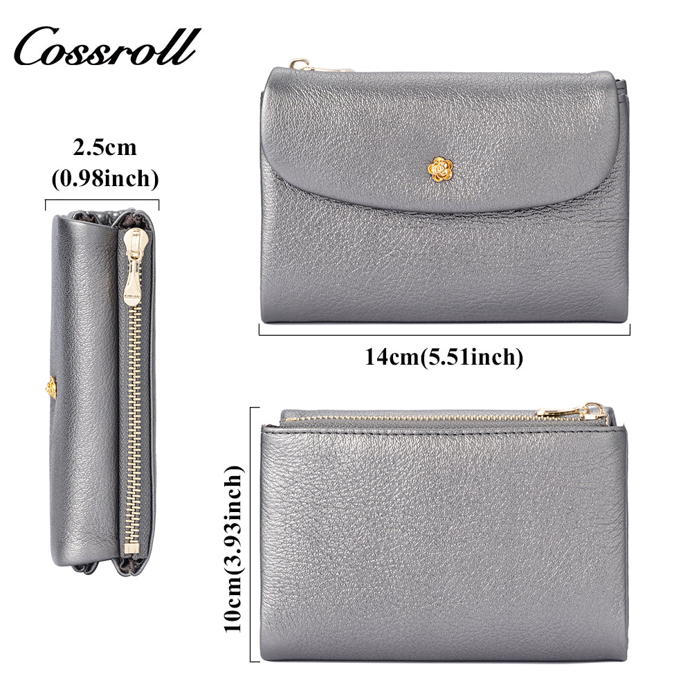 Cossroll women's cross-border genuine leather wallet, with gold floral decoration, retro glossy large capacity