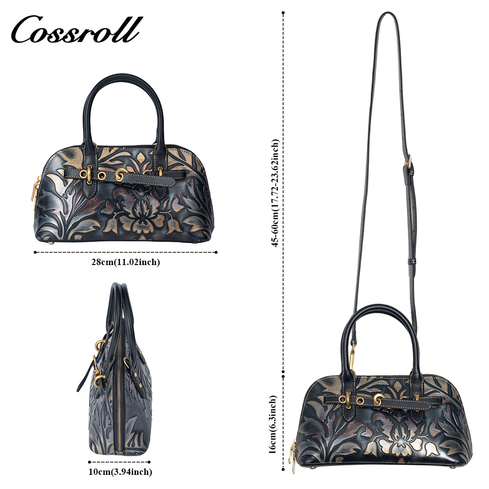 Vintage Embossed Leather Shell Bag for Women, Hand-Carved Handbag & Crossbody Purse