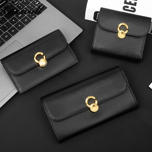 Women's Minimalist Genuine Leather Short Wallet, Vintage Gold C-Shape Turn Lock, Multi-Slot All-in-One Small Purse for Cards, Coins & ID Documents