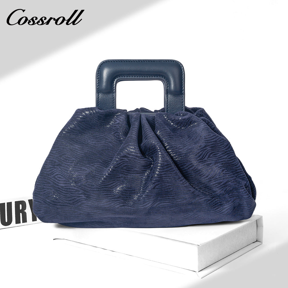 Women's Navy Wavy Textured Ruched Cloud Bag, Square Leather Handle Handbag, Minimalist Versatile Handheld Purse for Daily Commute
