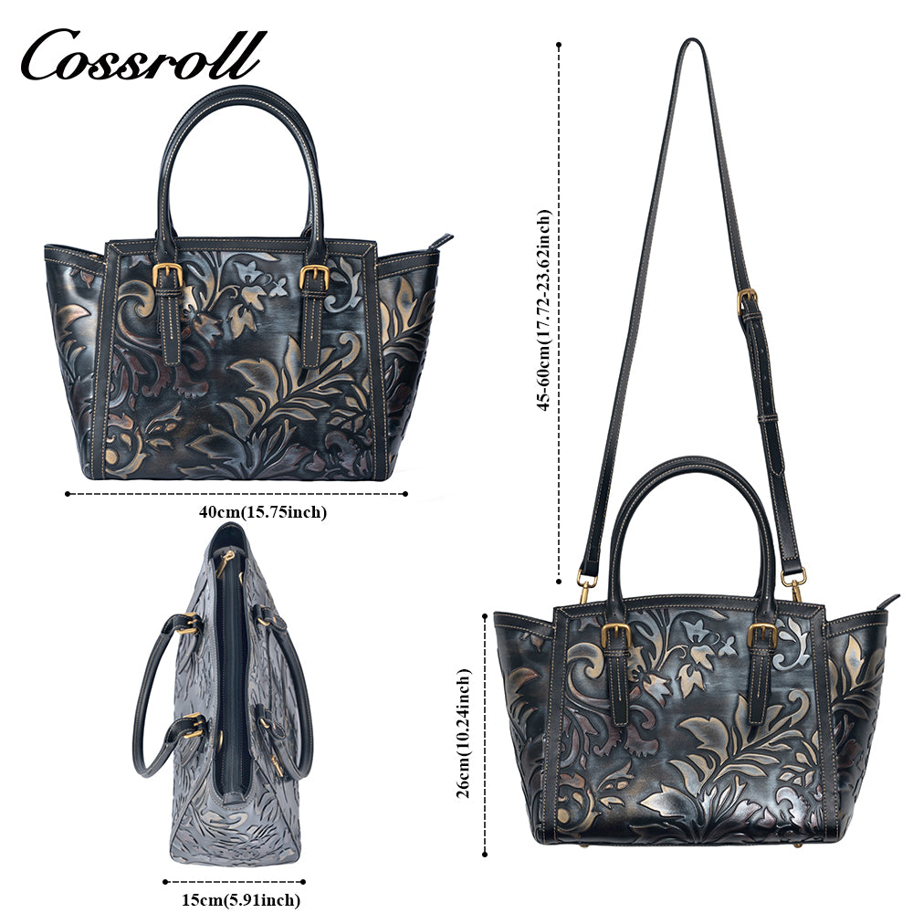 Vintage Embossed Leather Tote Bag for Women, Large Capacity Handbag & Crossbody Bag, Premium Hand-Carved Commuter Bag