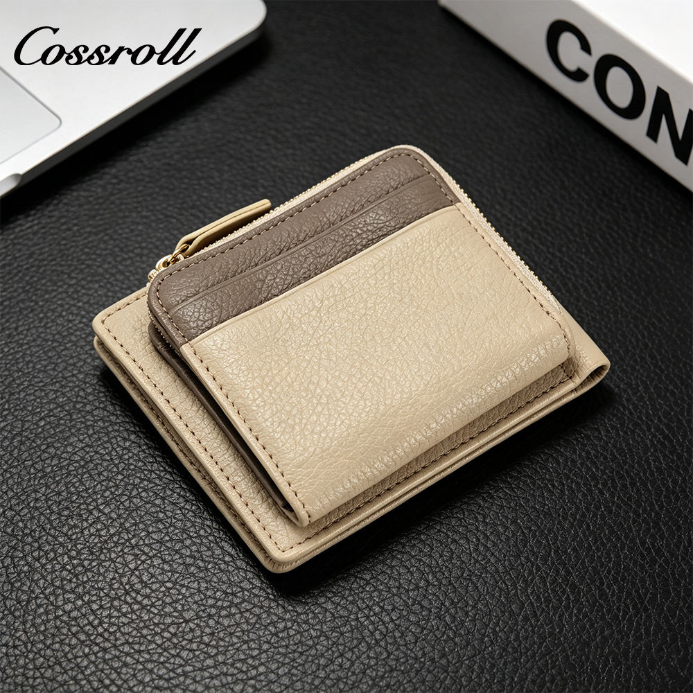 Women's Color Block Litchi Grain Cowhide Bifold Wallet, Minimalist Contrast Genuine Leather Card Holder, Small Bifold Purse with Zipper Coin Pocket
