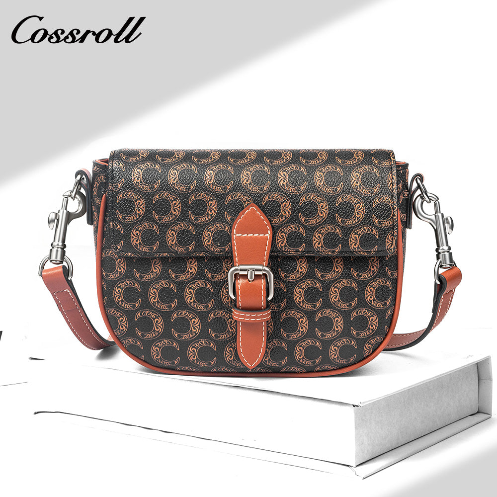 Vintage C Monogram Saddle Bag for Women, Contrast Brown Leather Buckle Flap Crossbody Shoulder Purse