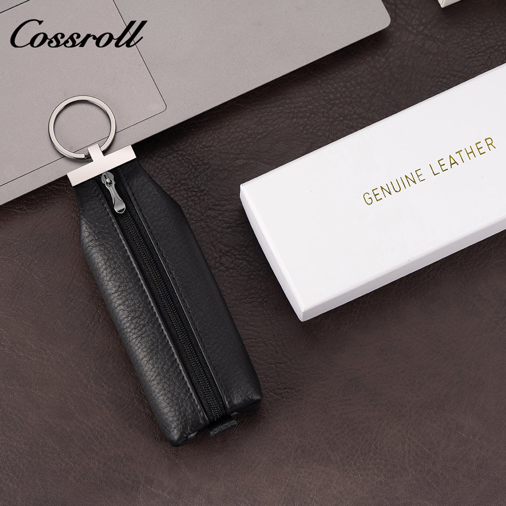 Practical men's cowhide leather key pouch with zipper universal coin purse