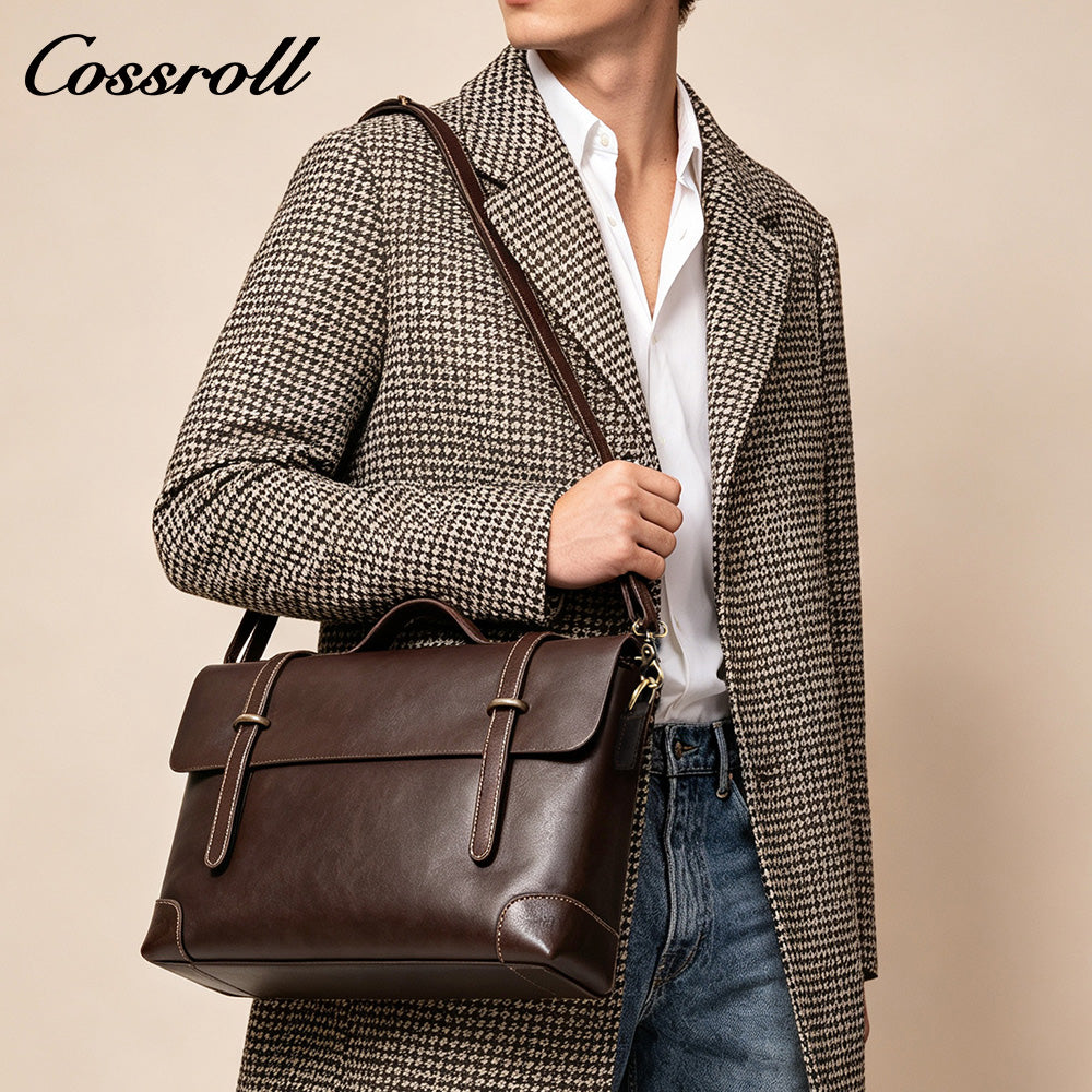 Men's Cowhide Leather Messenger Briefcase, Flap Laptop Handbag, Large Capacity Genuine Leather Shoulder & Crossbody Bag for Business & Daily Commute