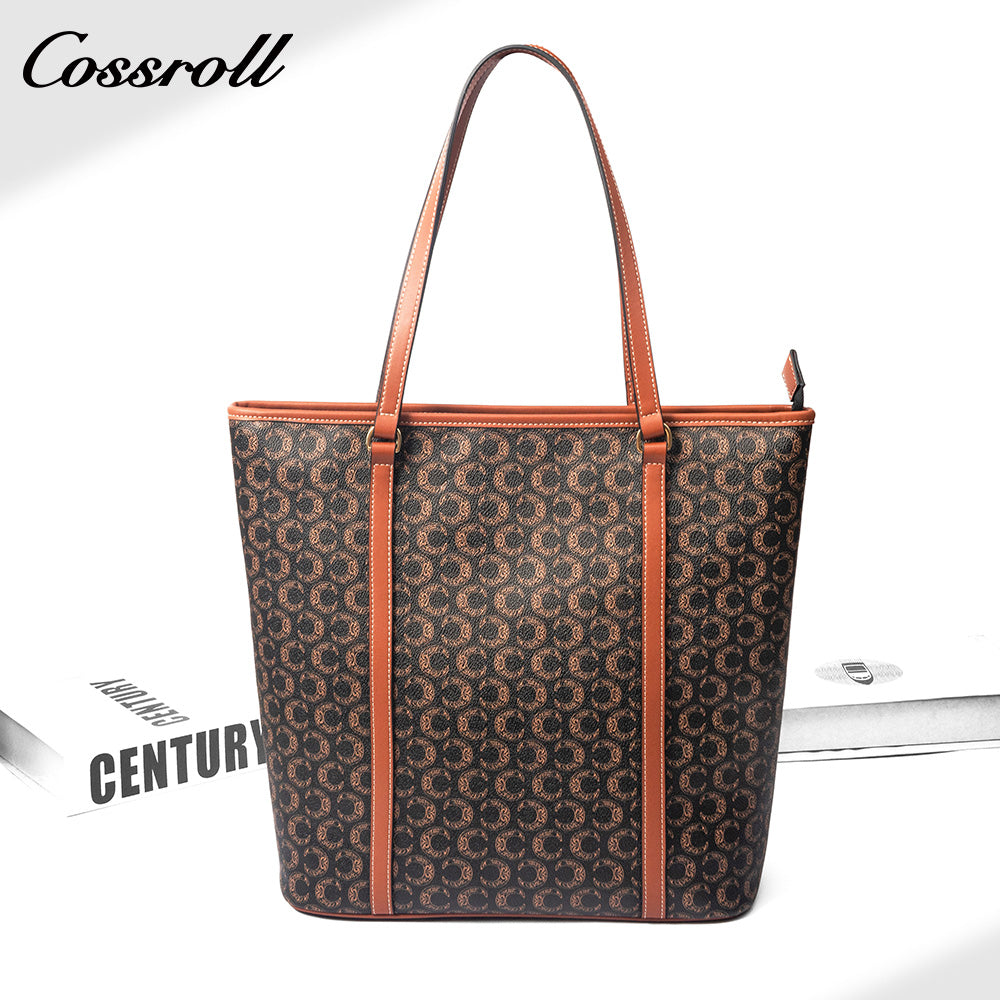 Women Vintage C Monogram Vertical Tote Bag, Large Capacity Zipper Shoulder Handbag for Laptop & Daily Commute