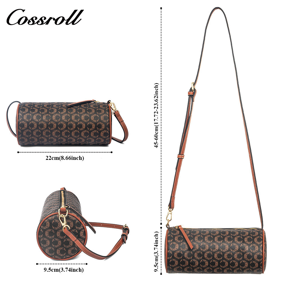 Women Vintage C Monogram Cylinder Bag, Genuine Leather Dual-use Shoulder & Crossbody Barrel Purse