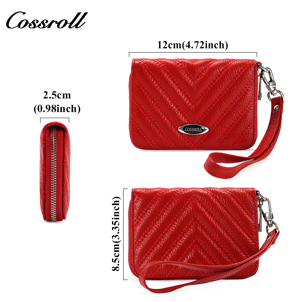 Women's Litchi Grain Cowhide Coin & Card Wallet, Chevron Quilted Wrist Clutch, Multi-functional Card & Coin Storage Pouch