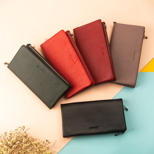 Double Zip Lychee Real Leather Wallets