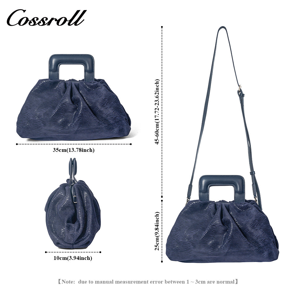 Women's Navy Wavy Textured Ruched Cloud Bag, Square Leather Handle Handbag, Minimalist Versatile Handheld Purse for Daily Commute