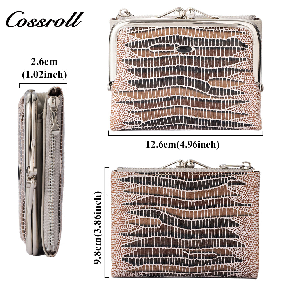 Women's short wallet, genuine leather, fashionable embossed design, clasp lizard texture coin purse