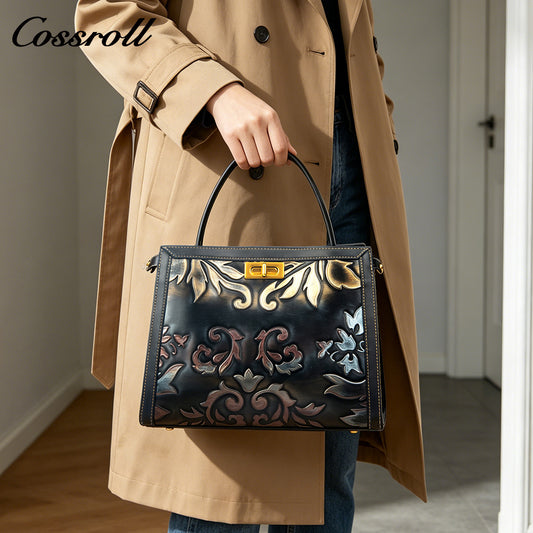 Niche Design Embossed Leather Bag, Vintage Genuine Leather Large Capacity Commuter Handbag & Crossbody Bag