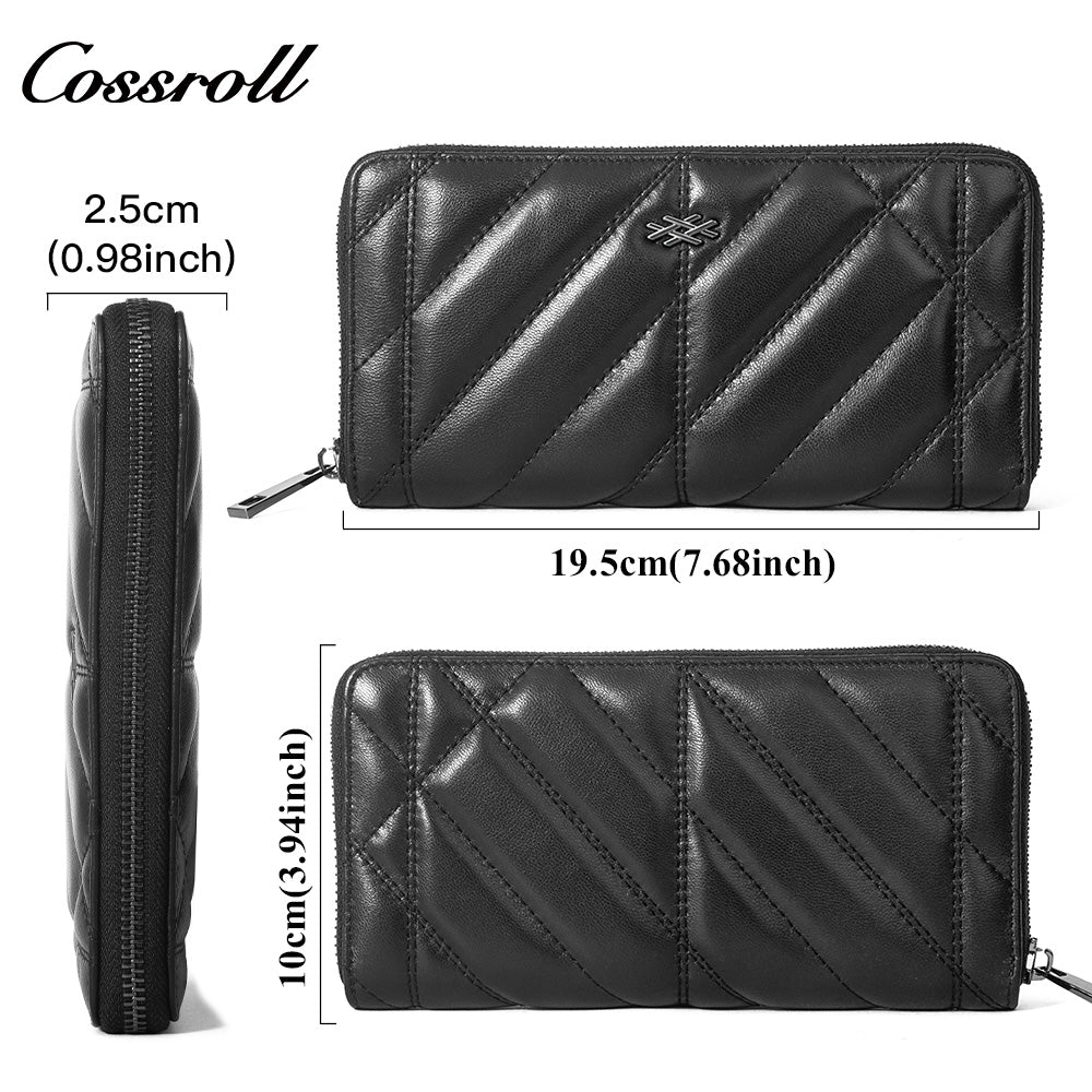 Women's Diagonal Quilted Long Zip Around Wallet, Genuine Leather Large Capacity Multi Card Slots Hand Purse, All-in-One Bag for ID Cards & Coins