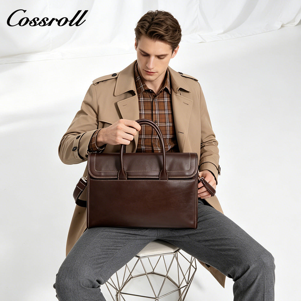 Men's Full Grain Leather Briefcase, Large Capacity Flap Laptop Handbag, Genuine Leather Business Commute Office Bag