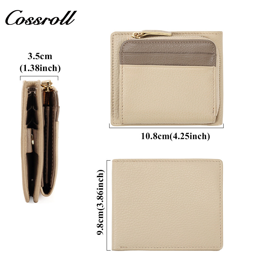 Women's Color Block Litchi Grain Cowhide Bifold Wallet, Minimalist Contrast Genuine Leather Card Holder, Small Bifold Purse with Zipper Coin Pocket
