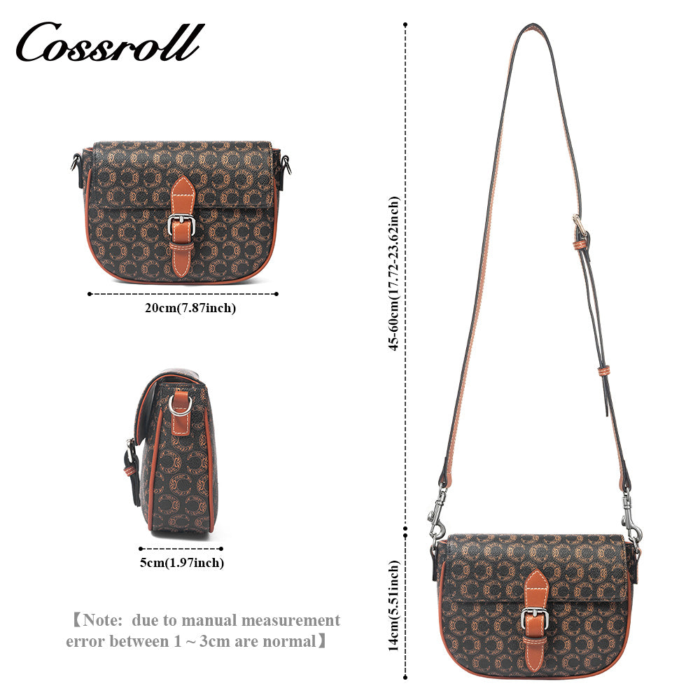 Vintage C Monogram Saddle Bag for Women, Contrast Brown Leather Buckle Flap Crossbody Shoulder Purse