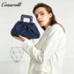 Women's Navy Wavy Textured Ruched Cloud Bag, Square Leather Handle Handbag, Minimalist Versatile Handheld Purse for Daily Commute