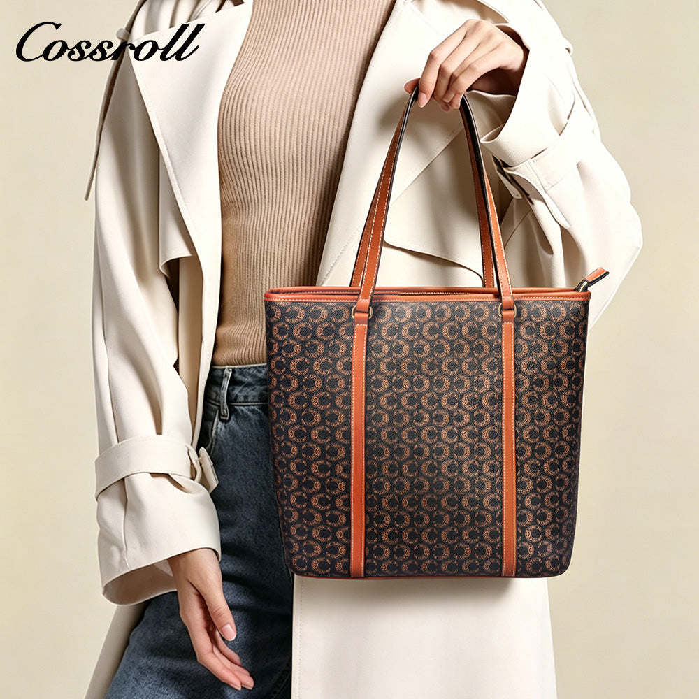 Women Vintage C Monogram Vertical Tote Bag, Large Capacity Zipper Shoulder Handbag for Laptop & Daily Commute