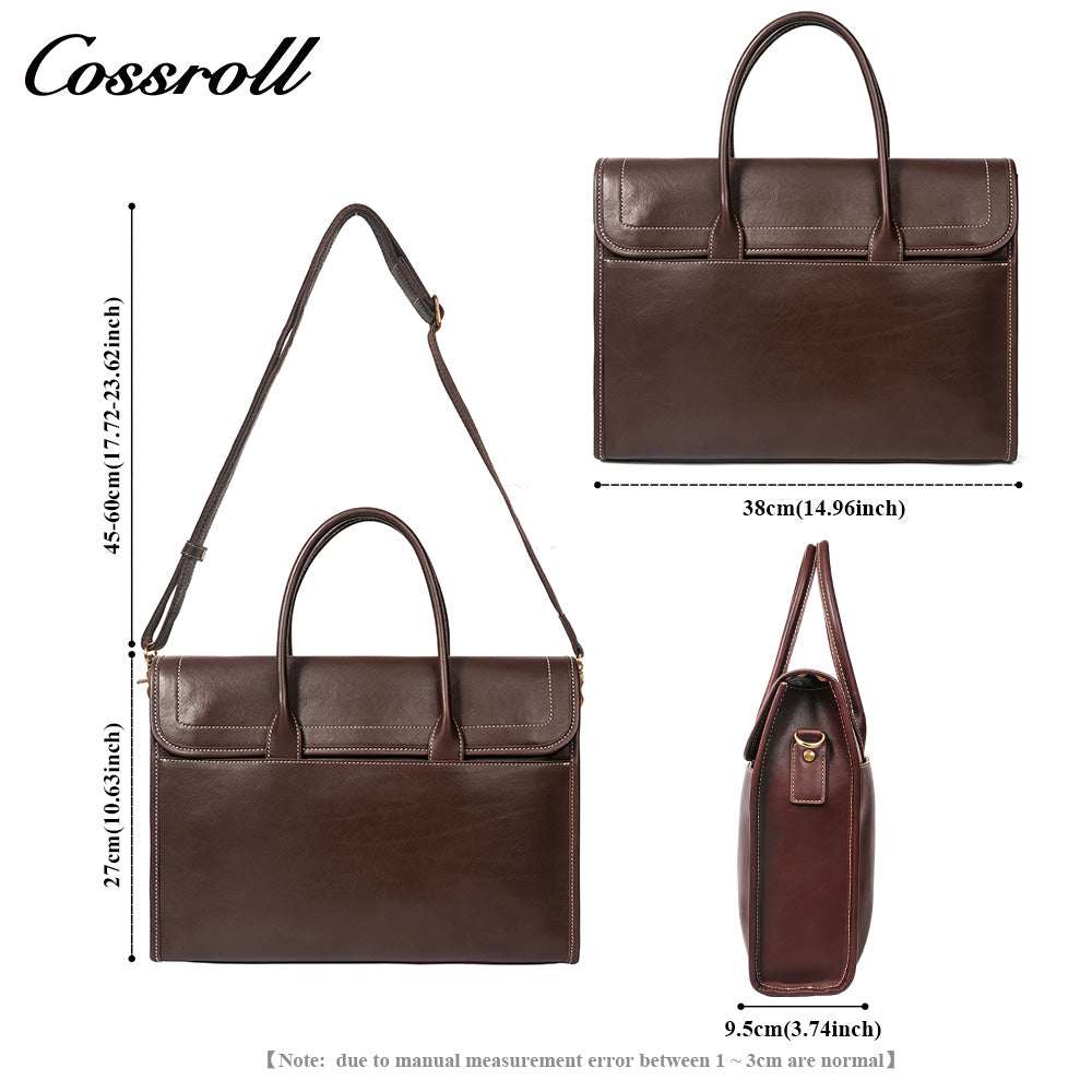 Men's Full Grain Leather Briefcase, Large Capacity Flap Laptop Handbag, Genuine Leather Business Commute Office Bag