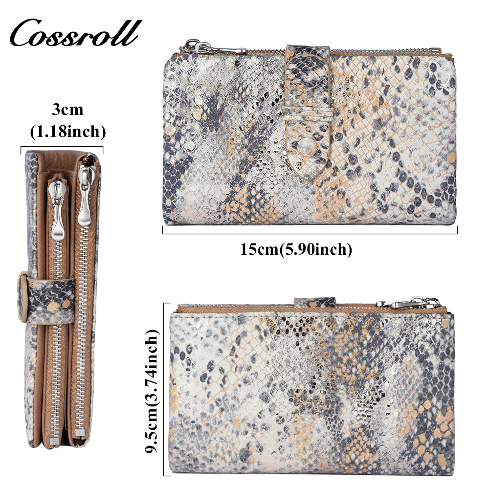 Women's Wallet, Litchi Grain Soft Leather, Zipper and Snap Closure, Animal Print Wallet