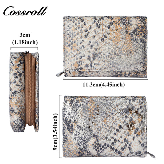 Genuine Leather Women's Short Wallet, Cross-Border Snake Pattern, Multi-Card Zipper Coin Purse
