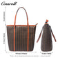 Women Vintage C Monogram Vertical Tote Bag, Large Capacity Zipper Shoulder Handbag for Laptop & Daily Commute