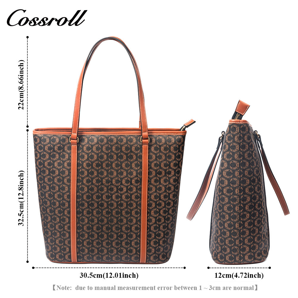 Women Vintage C Monogram Vertical Tote Bag, Large Capacity Zipper Shoulder Handbag for Laptop & Daily Commute