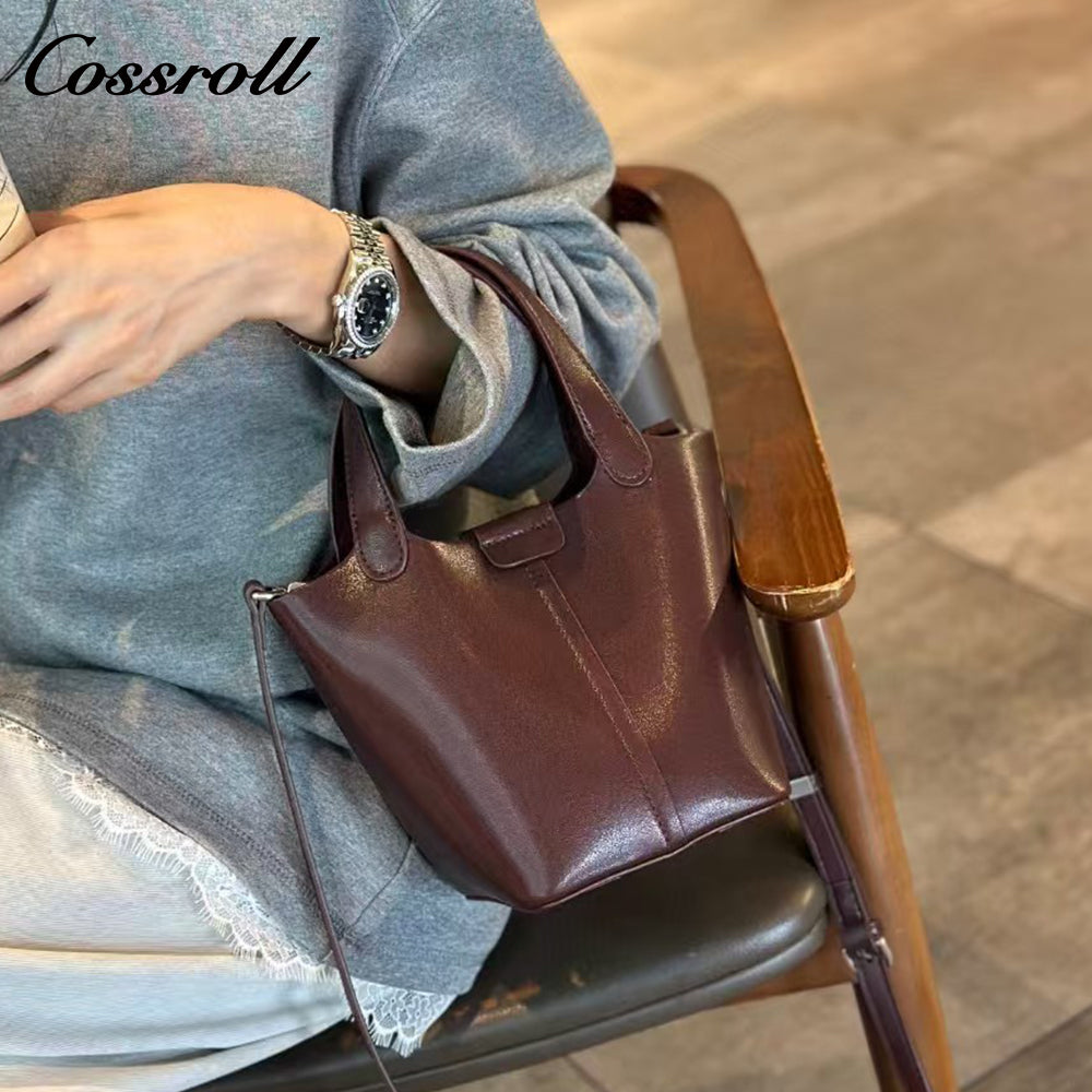 Vegetable Basket Bag Female Genuine Leather Commuter Niche Design Bucket Bag Head Layer Cowhide Single Shoulder Crossbody Bag