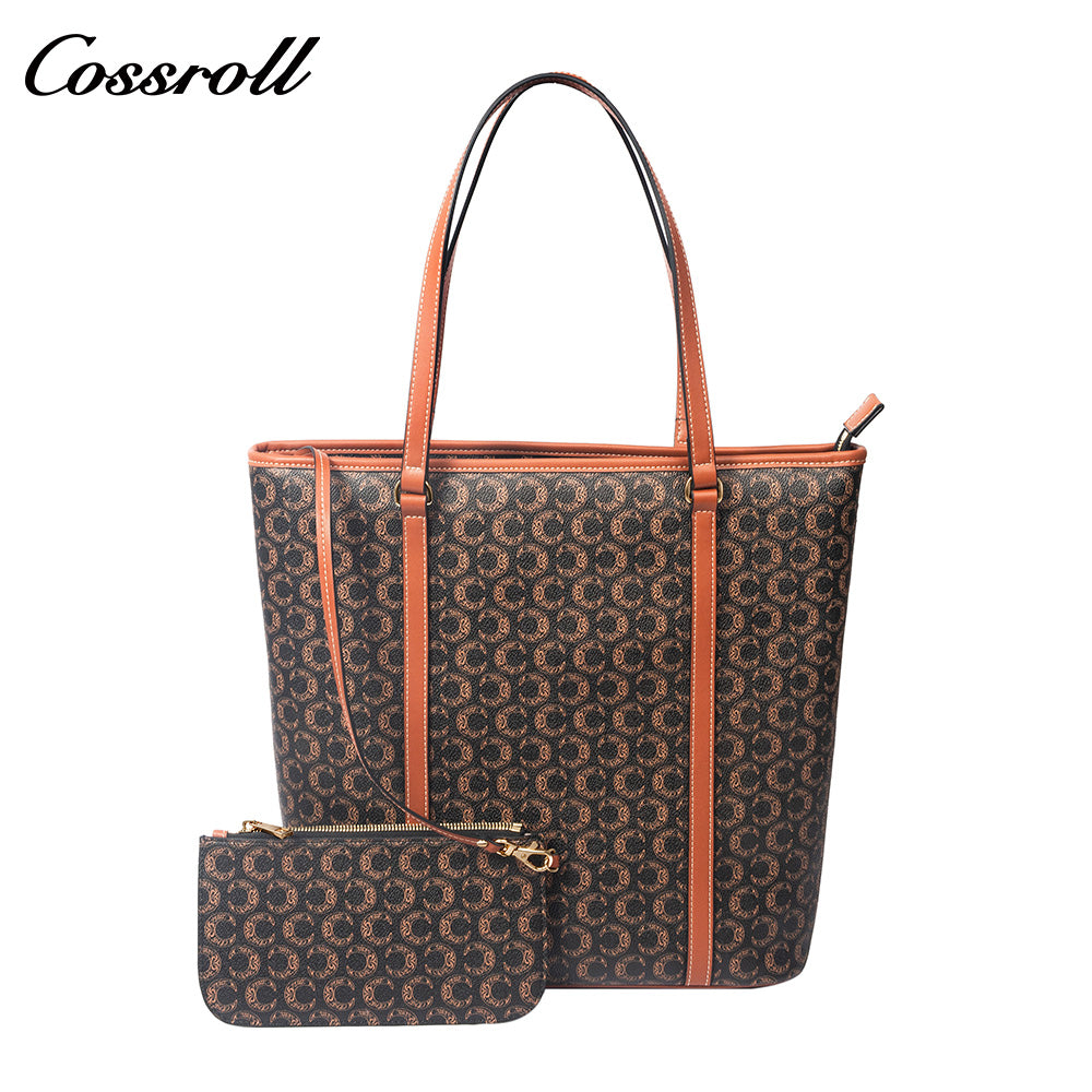 Women Vintage C Monogram Vertical Tote Bag, Large Capacity Zipper Shoulder Handbag for Laptop & Daily Commute