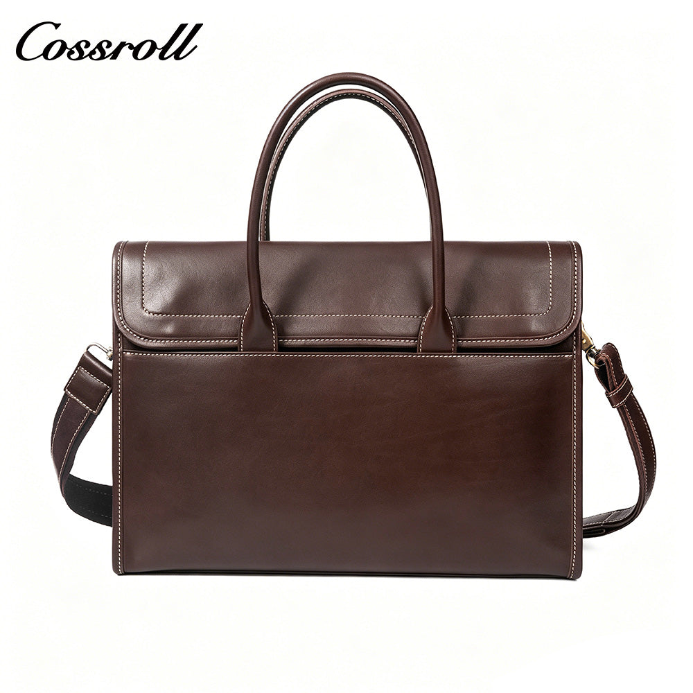 Men's Full Grain Leather Briefcase, Large Capacity Flap Laptop Handbag, Genuine Leather Business Commute Office Bag