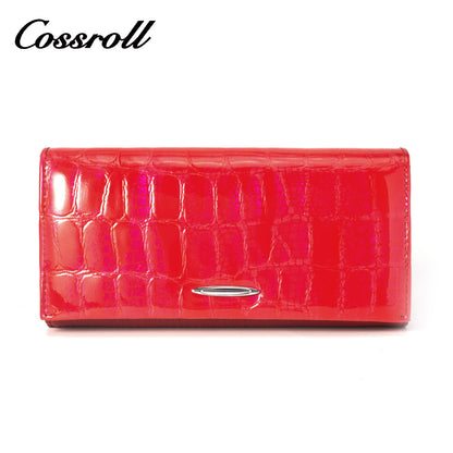 Waxed red long women's leather wallet