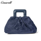 Women's Navy Wavy Textured Ruched Cloud Bag, Square Leather Handle Handbag, Minimalist Versatile Handheld Purse for Daily Commute
