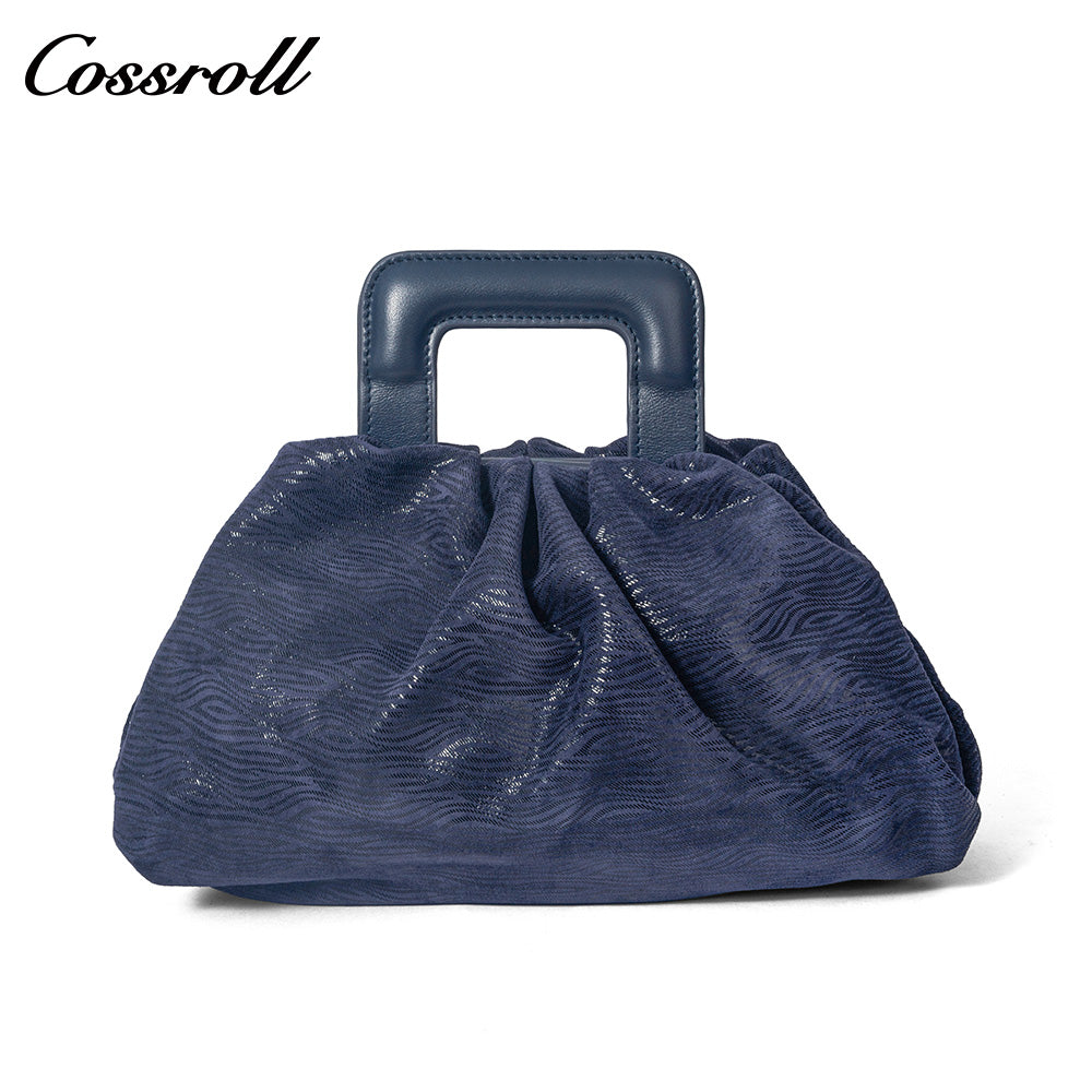 Women's Navy Wavy Textured Ruched Cloud Bag, Square Leather Handle Handbag, Minimalist Versatile Handheld Purse for Daily Commute