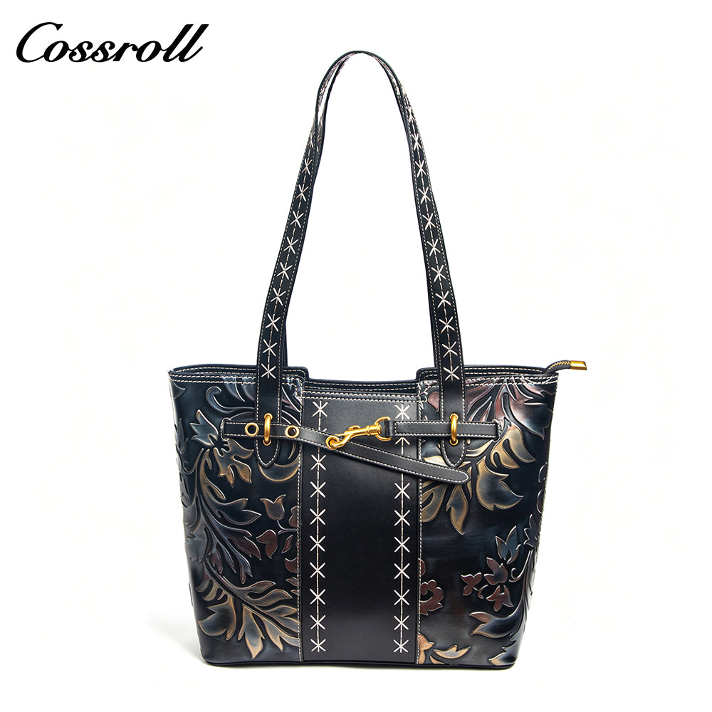 Vintage Embossed Leather Tote Shoulder Bag
