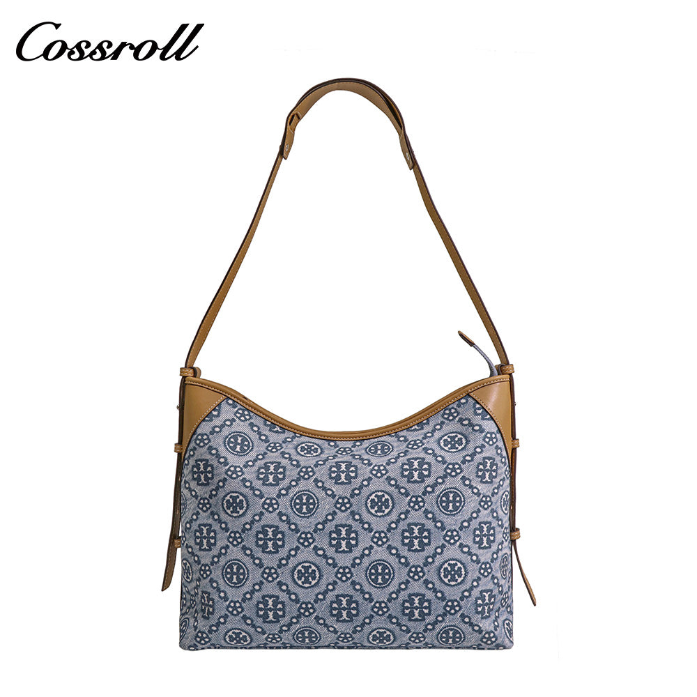 Women's Vintage All-Over Jacquard Denim Monogram Bag, Canvas Spliced Large Capacity Commute Shoulder Bag, Casual Monogram Underarm Shopping Bag