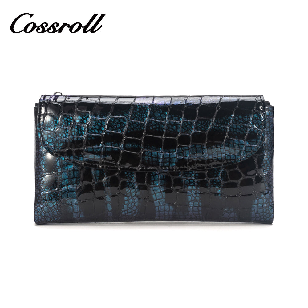 Printed leather long women's wallet with blue crocodile print